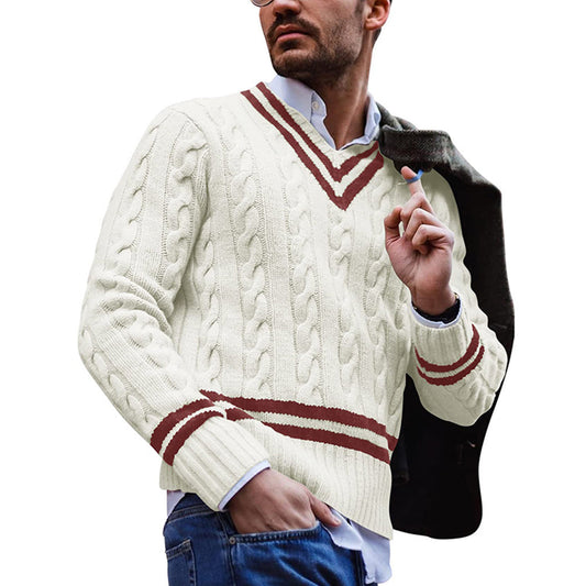 Autumn/Winter Men's V-Neck Striped Colorblock Sweater