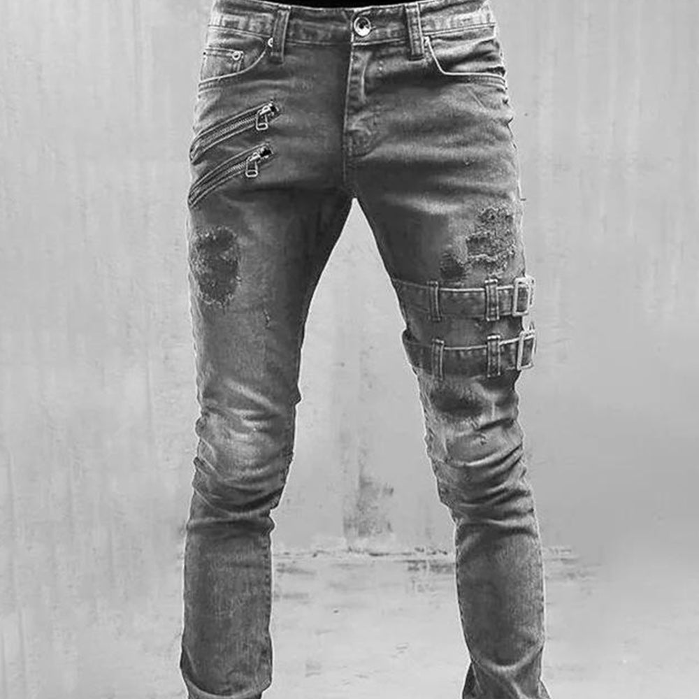 Men's Fashion Metal Buckle Personalized Skinny Denim Trousers
