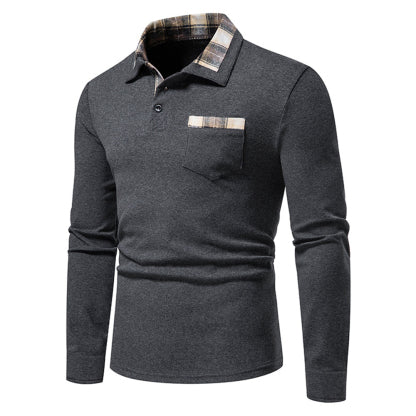 Diggetty New Men's Plaid Long Sleeve Color Matching Polo Shirt