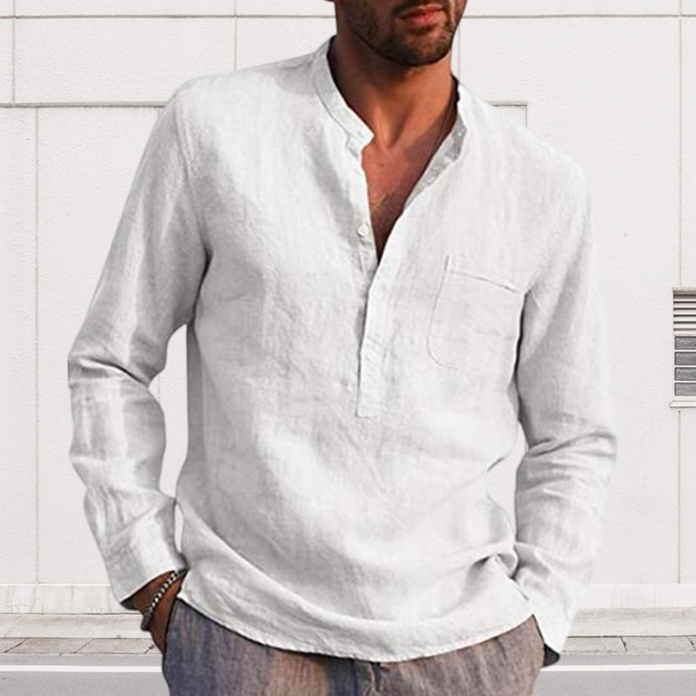 Diggetty Men's Long Sleeve V Neck Casual Beach Linen Shirt