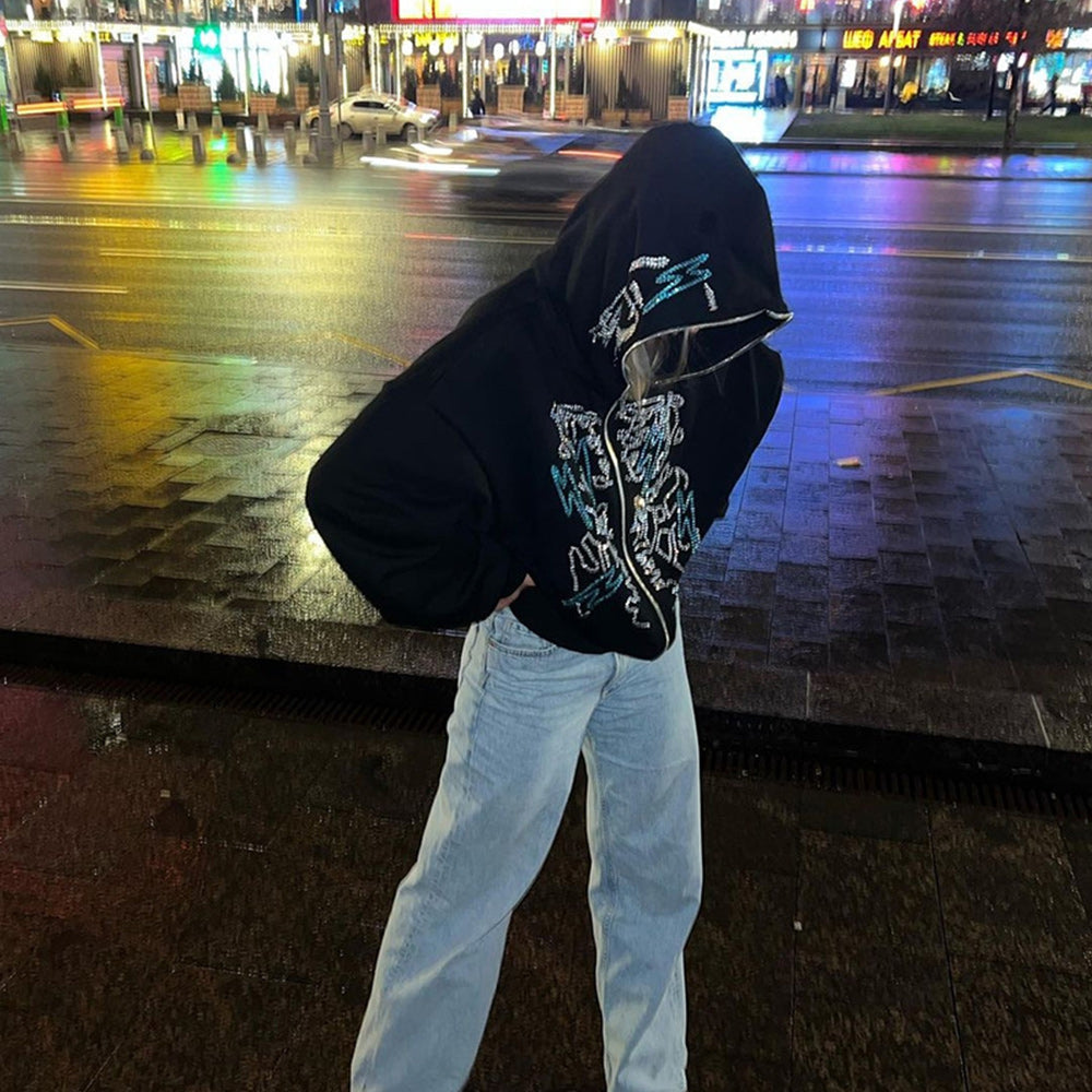 Rhinestone Skull Zip-Up Oversized Coat