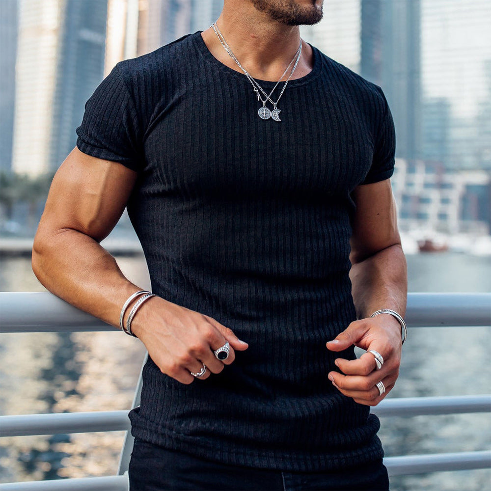 New Round Neck Short Sleeve Vertical Stripe Men's T-Shirt