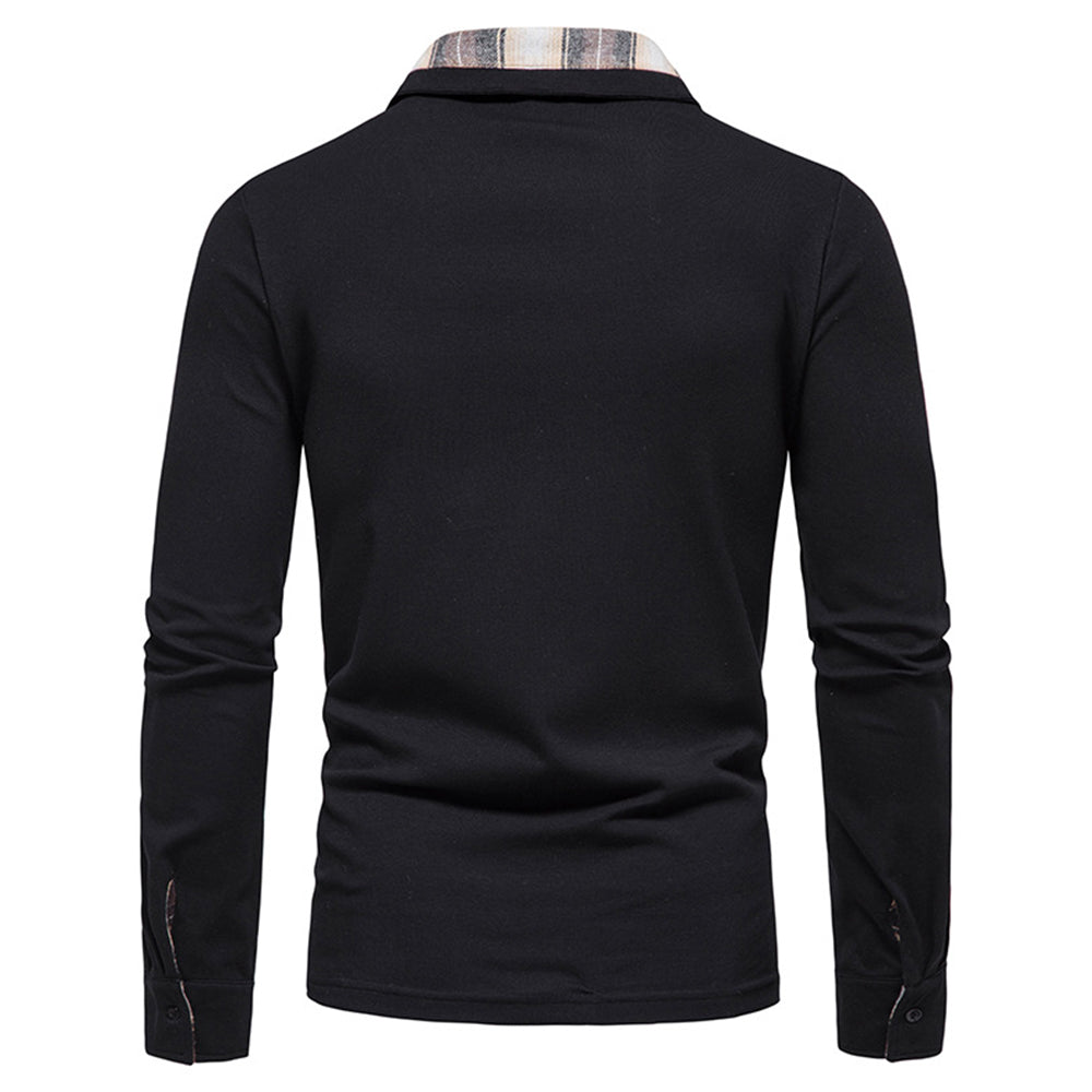 Diggetty New Men's Plaid Long Sleeve Color Matching Polo Shirt