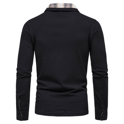 Diggetty New Men's Plaid Long Sleeve Color Matching Polo Shirt