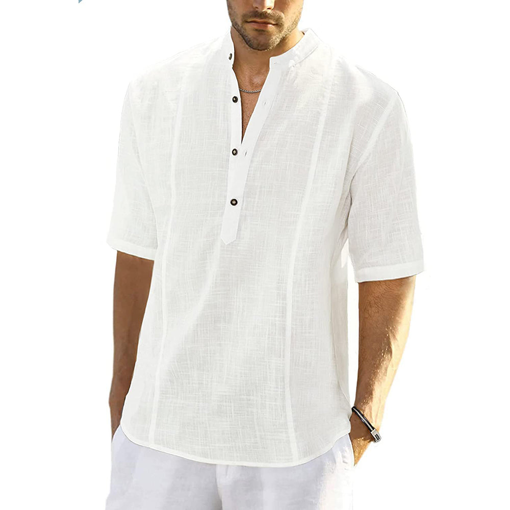Cotton Linen Stand Collar Button Short Sleeve Shirt