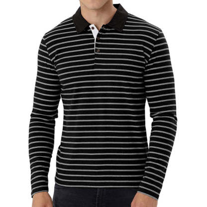 New Men Striped Casual Breathable Long Sleeve Polo Shirt