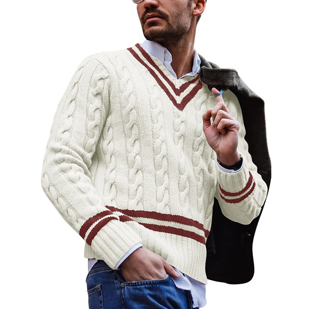 Autumn/Winter Men's V-Neck Striped Colorblock Sweater