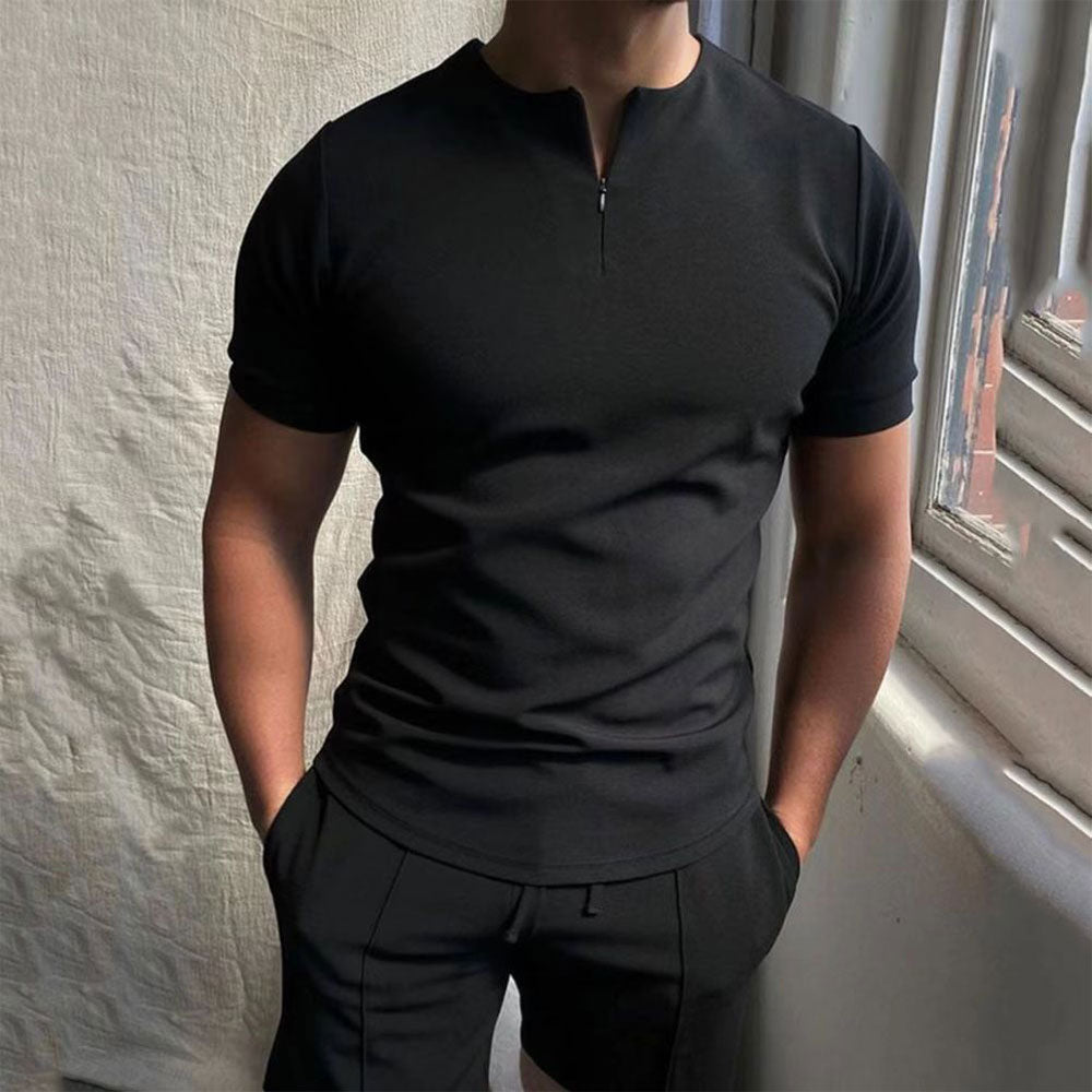 Solid color zipper men's polo shirt