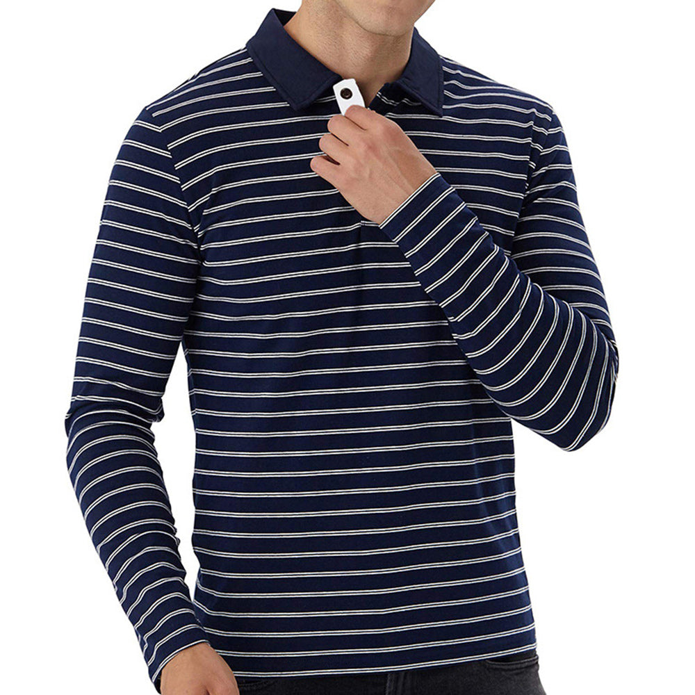 New Men Striped Casual Breathable Long Sleeve Polo Shirt