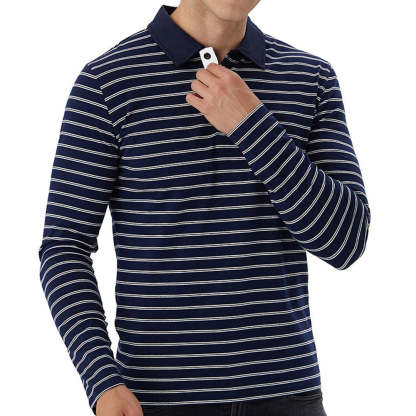 New Men Striped Casual Breathable Long Sleeve Polo Shirt
