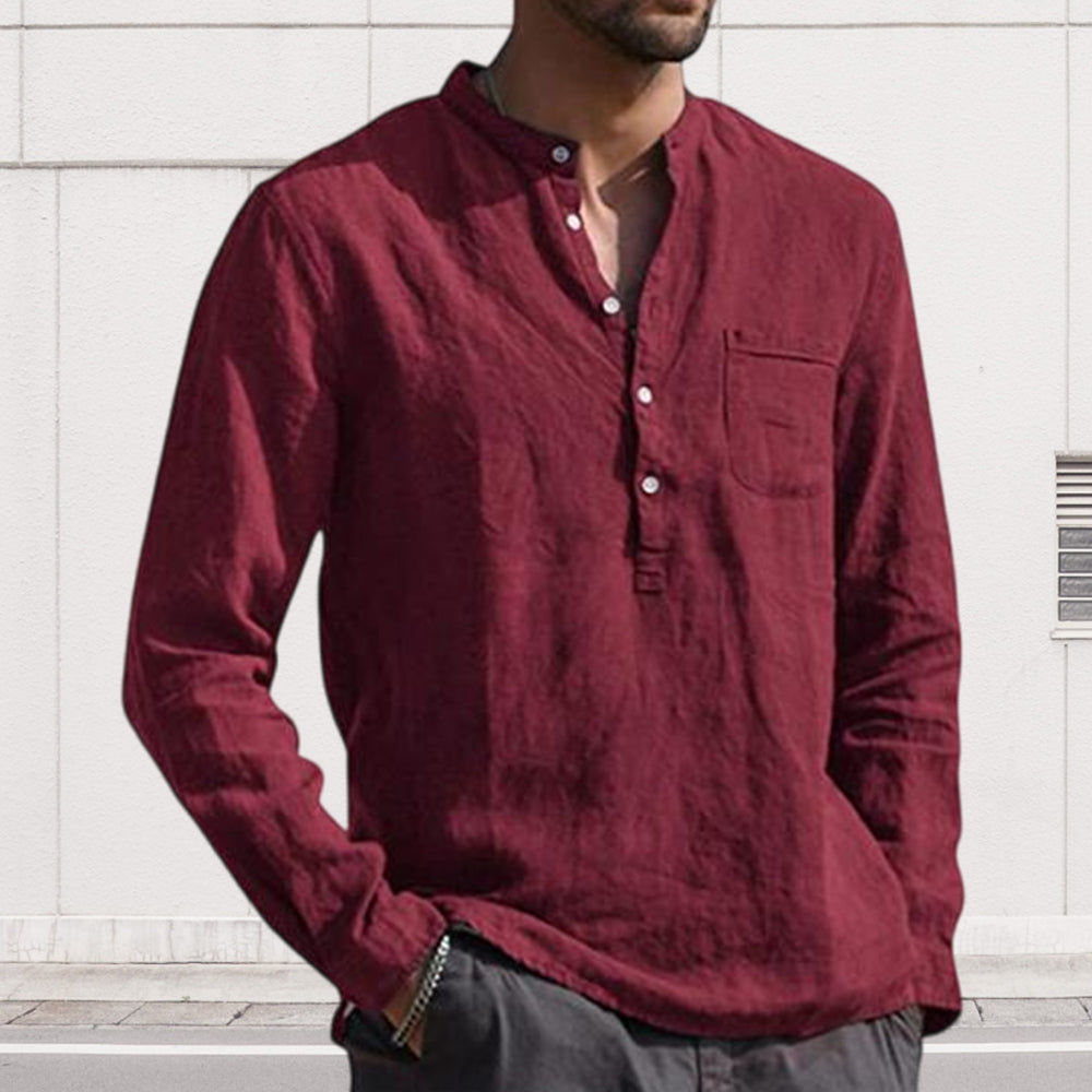Men's Long Sleeve V Neck Casual Beach Linen Shirt