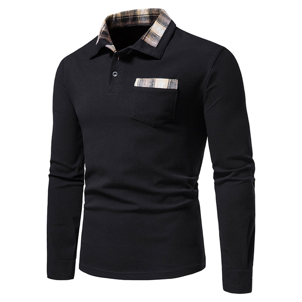 New Men's Plaid Long Sleeve Color Matching Polo Shirt
