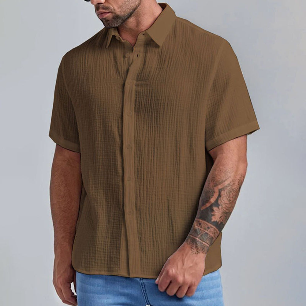 New Men's Slim Lapel Collar Pleated Short Sleeve Shirt