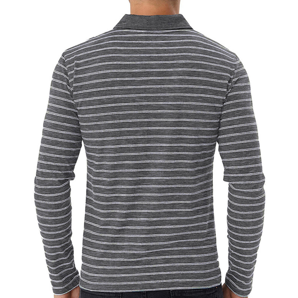 New Men Striped Casual Breathable Long Sleeve Polo Shirt