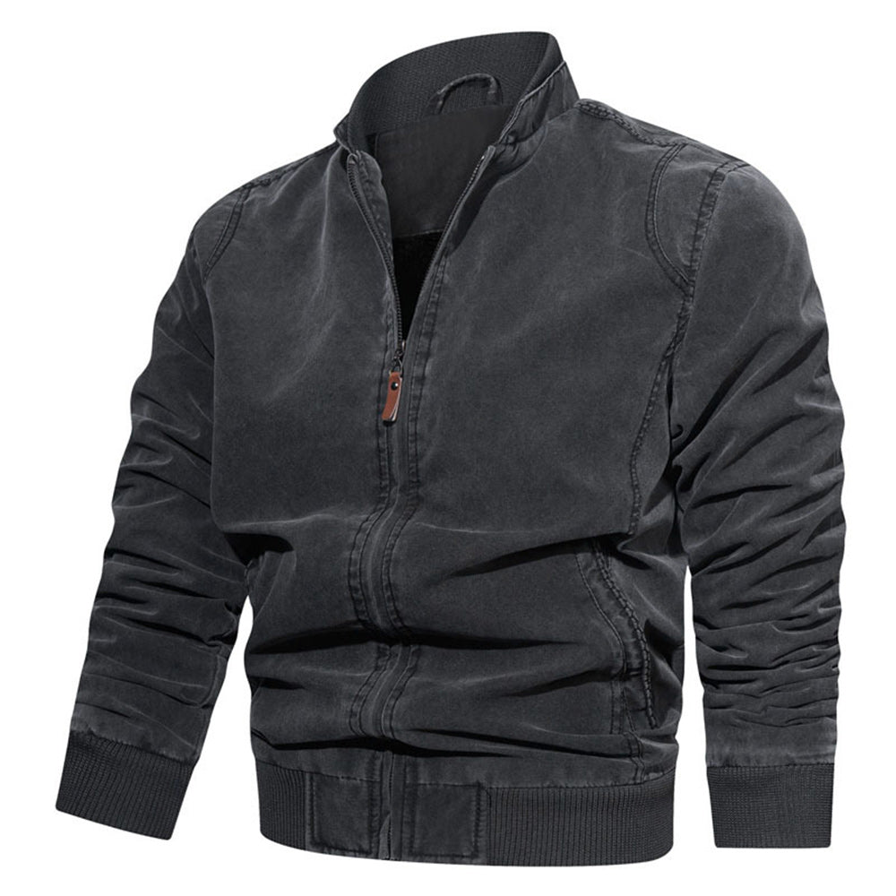 Men's Stand Collar Cotton Solid Color Zip Casual Jacket