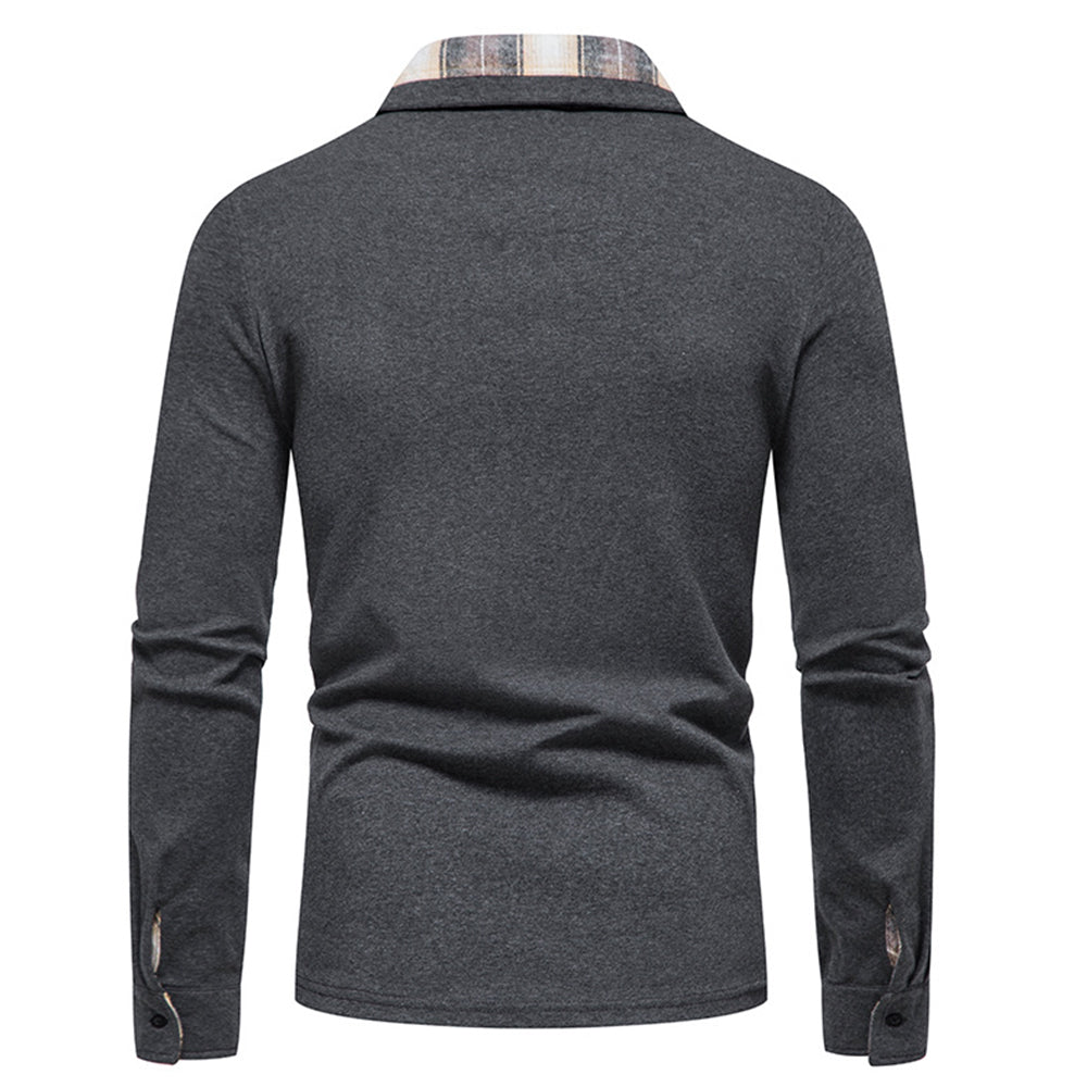 Diggetty New Men's Plaid Long Sleeve Color Matching Polo Shirt