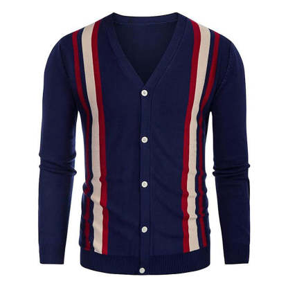 Men's Long Sleeve V-Neck Striped Cardigan