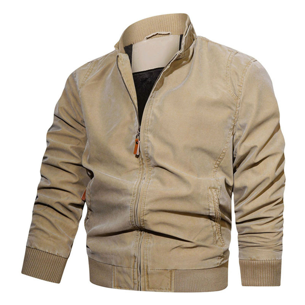Men's Stand Collar Cotton Solid Color Zip Casual Jacket