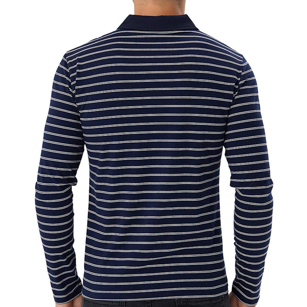 New Men Striped Casual Breathable Long Sleeve Polo Shirt