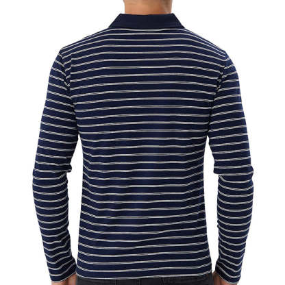 New Men Striped Casual Breathable Long Sleeve Polo Shirt