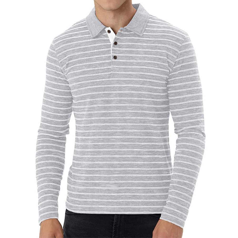 New Men Striped Casual Breathable Long Sleeve Polo Shirt