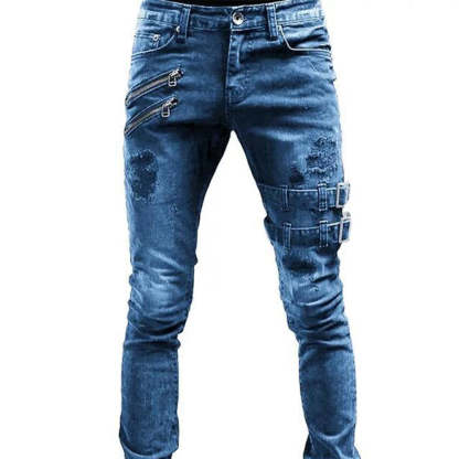 Men's Fashion Metal Buckle Personalized Skinny Denim Trousers