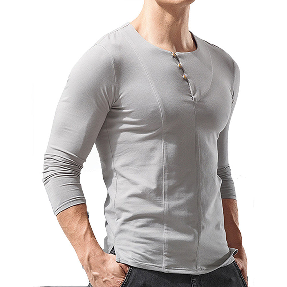 Men's Round Neck Button Long Sleeve T-Shirt