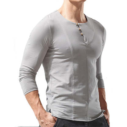 Men's Round Neck Button Long Sleeve T-Shirt