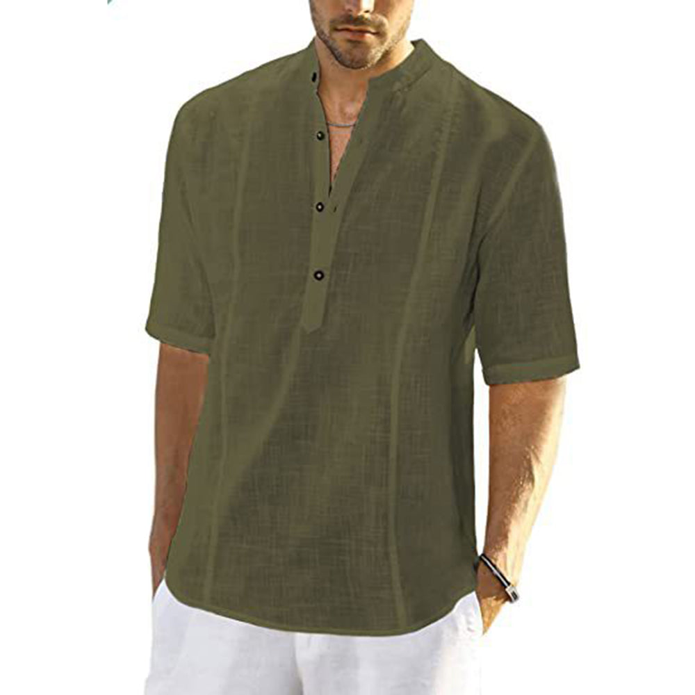 Cotton Linen Stand Collar Button Short Sleeve Shirt