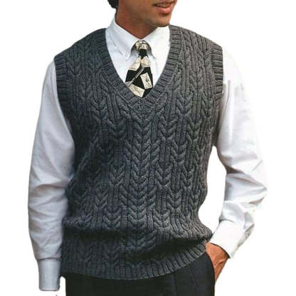 Men's cable plain color V-neck casual knitted vest