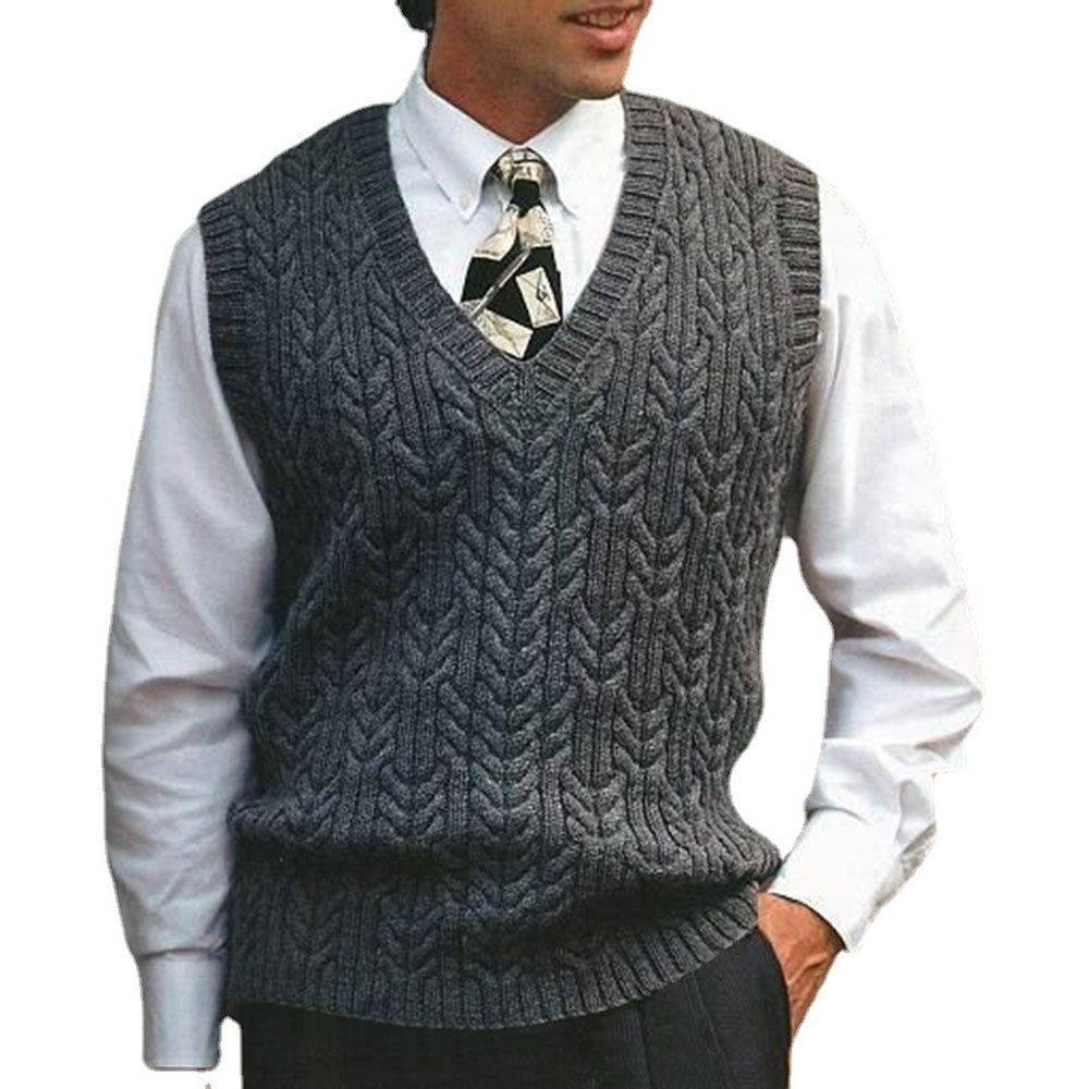 Men's cable plain color V-neck casual knitted vest