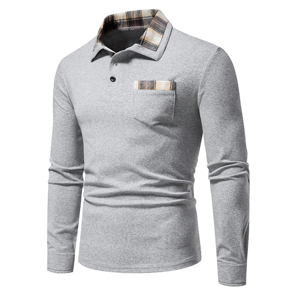 New Men's Plaid Long Sleeve Color Matching Polo Shirt