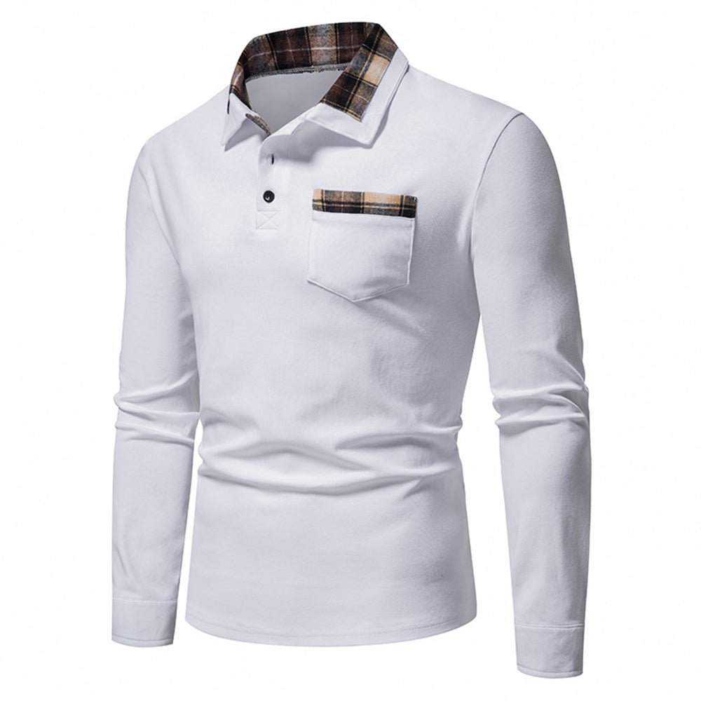 Diggetty New Men's Plaid Long Sleeve Color Matching Polo Shirt