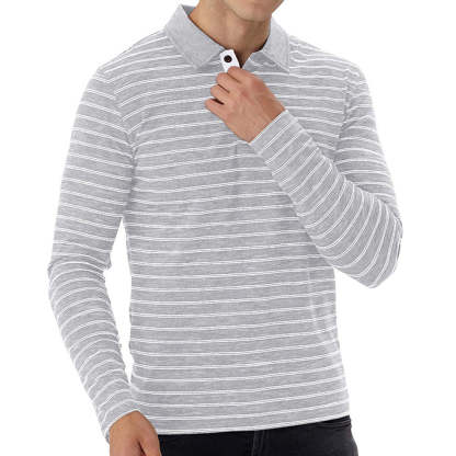 New Men Striped Casual Breathable Long Sleeve Polo Shirt
