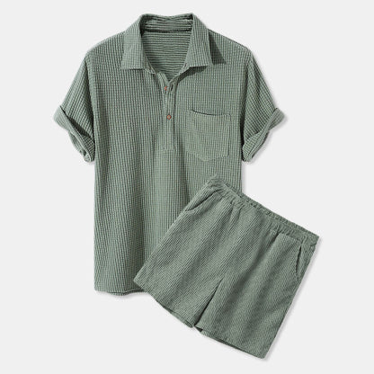 Diggetty Men's Casual Loose Waffle Short Sleeve Shorts Two-Piece Set