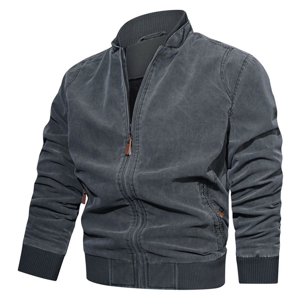Men's Stand Collar Cotton Solid Color Zip Casual Jacket