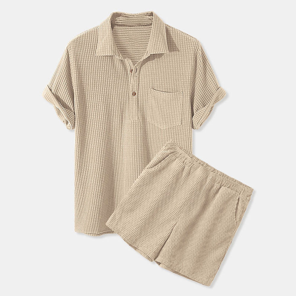 Diggetty Men's Casual Loose Waffle Short Sleeve Shorts Two-Piece Set