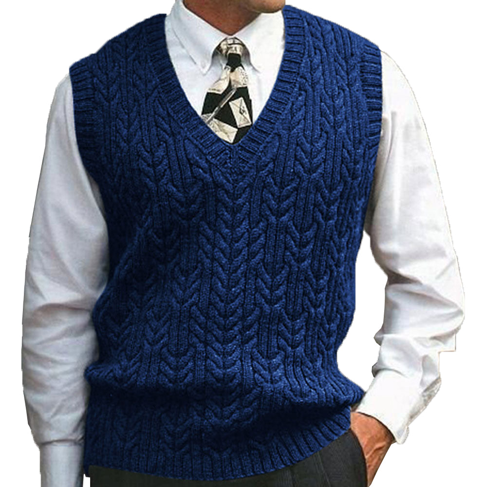 Men's cable plain color V-neck casual knitted vest
