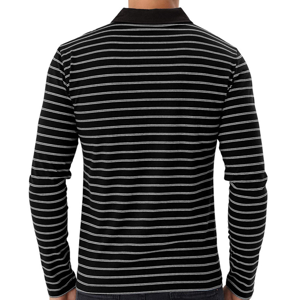 New Men Striped Casual Breathable Long Sleeve Polo Shirt