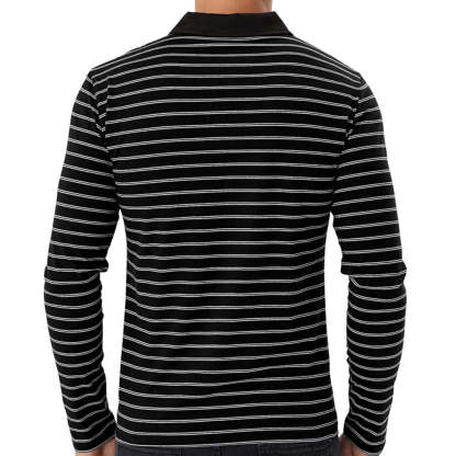 New Men Striped Casual Breathable Long Sleeve Polo Shirt