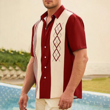 Summer new men's lapel striped printed short-sleeved shirt