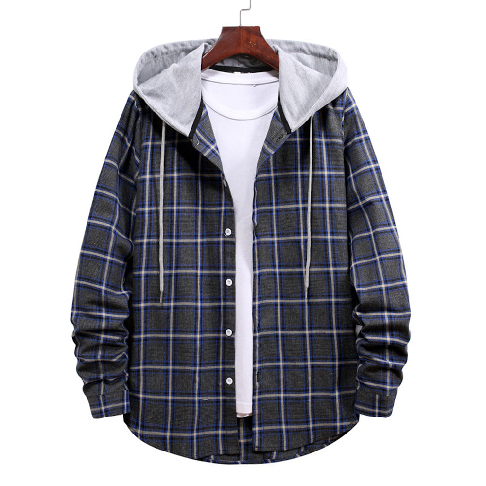 Men's Plaid Hooded Long Sleeve Shirt Jacket