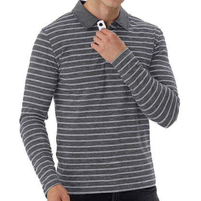 New Men Striped Casual Breathable Long Sleeve Polo Shirt