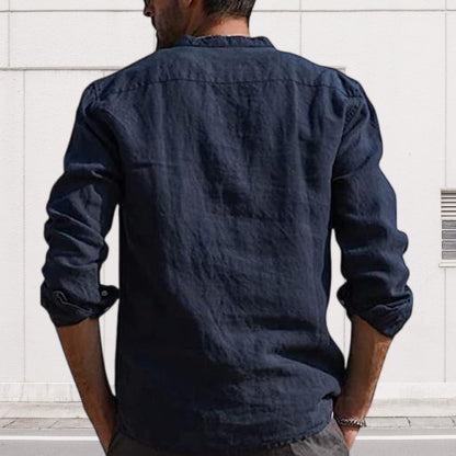 Diggetty Men's Long Sleeve V Neck Casual Beach Linen Shirt